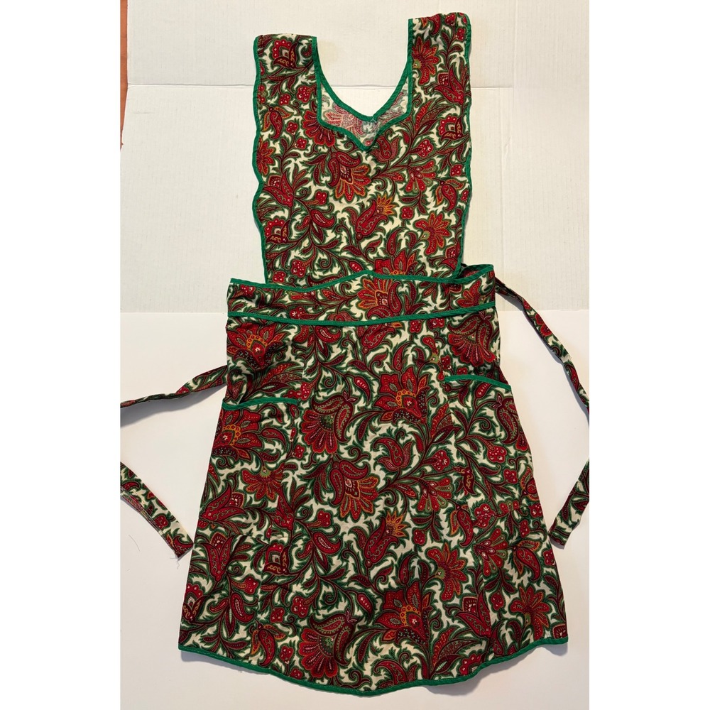 Vintage Handmade Holiday Paisley Floral Pinafore Kitchen Apron Red Green Petite